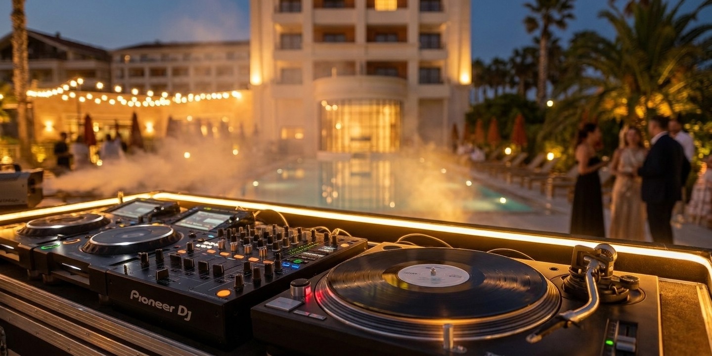 DJ house music platines vinyles ambiance dorée