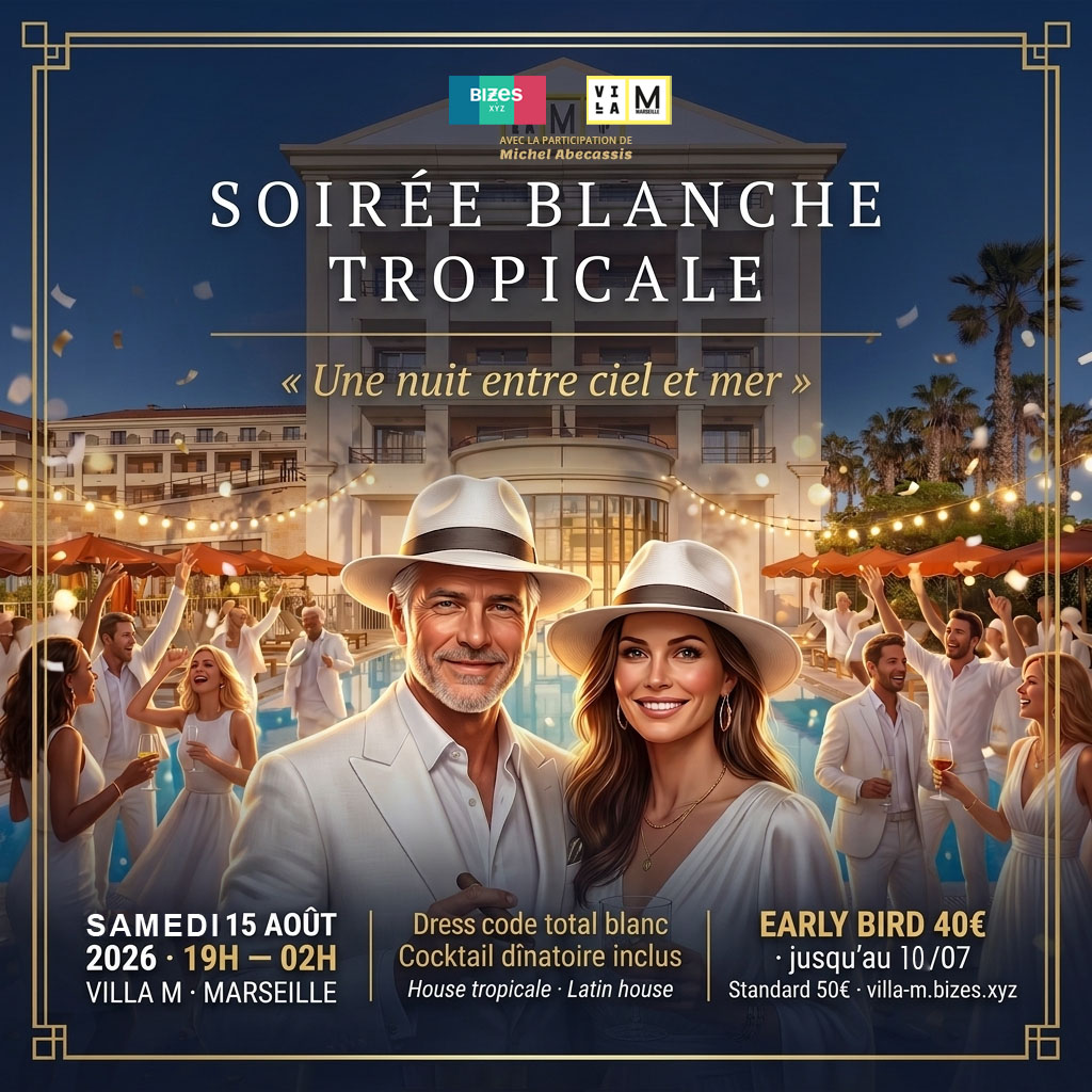 Affiche Soirée Blanche Tropicale — Villa M Marseille, 15 août 2026, couple en blanc, panamas, cigare et rhum devant la piscine