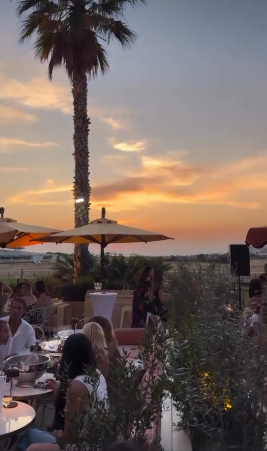 Terrasse Villa M — coucher de soleil avec palmiers et convives